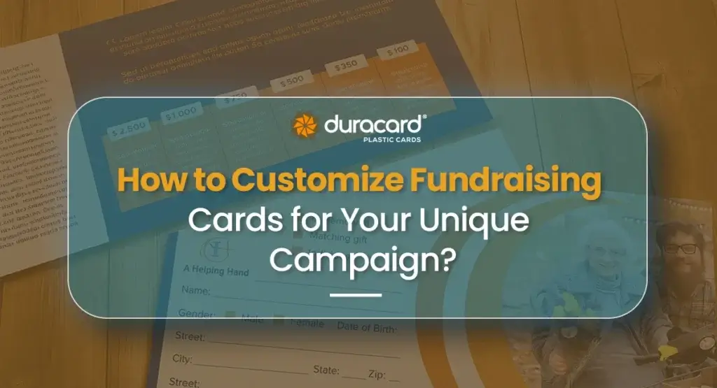 Guide cover showing a fundraising card template with donation tiers, with the title "How to Customize Fundraising Cards for Your Unique Campaign?"