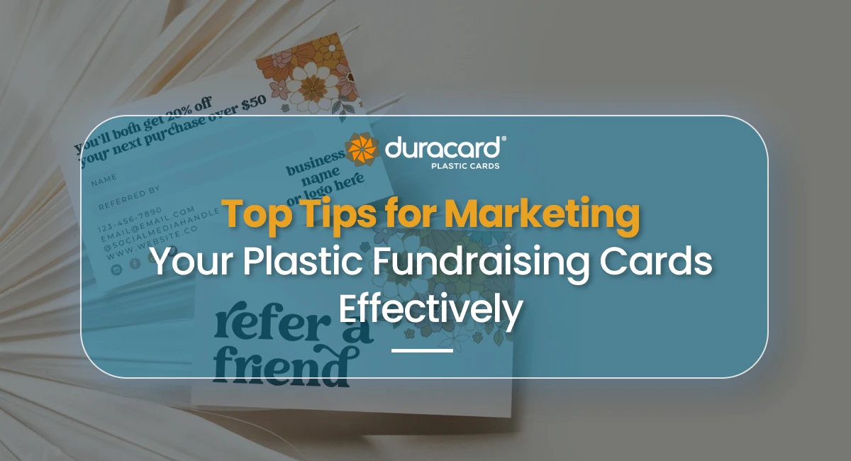 A stack of colorful fundraising cards from Duracard with a floral design and "refer a friend" text, representing effective marketing strategies.